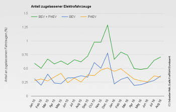 Anteil elektrischer Fahrzeuge bis August 2016